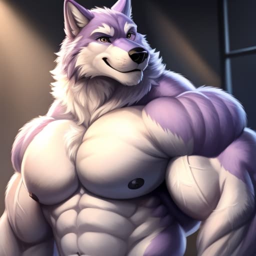  male, (Hyper muscular), wolf, anthropomorphic, purple and white fur, eyes without irises and pupils, full body (Gigantic biceps, triceps and pectorals), (cock), open eyes, digital art, masterpiece, 4k, fine details,