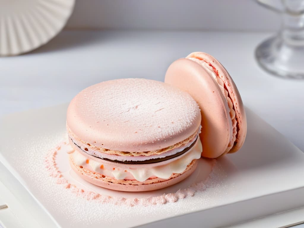  An ultradetailed closeup image of a perfectly baked pastel pink macaron with a smooth, glossy surface, delicate feet, and a light dusting of powdered sugar on top. The macaron is placed on a pristine white marble countertop, with soft natural light illuminating its intricate details, showcasing the precision and elegance required to achieve such a delicate French treat. hyperrealistic, full body, detailed clothing, highly detailed, cinematic lighting, stunningly beautiful, intricate, sharp focus, f/1. 8, 85mm, (centered image composition), (professionally color graded), ((bright soft diffused light)), volumetric fog, trending on instagram, trending on tumblr, HDR 4K, 8K