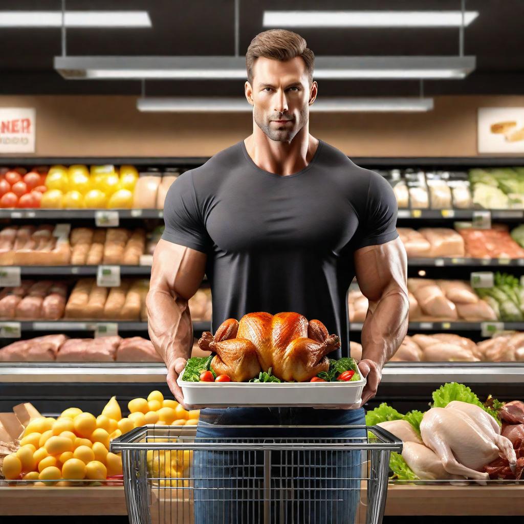  a muscular body male, at the supermarket deli counter;;caucasian, , on t shirt;; supermarket background;;carrying a roasted chicken in a small paper bag and a salad in a tub from the counter;;front view camera;;whole body;;far shot;;whole body;;hyper realistic;;3d;;bright and vibrant lighting;; well lighted;; not dim;;similar approach of wedding photography;; increase exposure;;for poster print ad;;realistic details;; bright;; for print ad poster;;in the style of robert frank,cindy sherman, uhd image, pictorial harmony hyperrealistic, full body, detailed clothing, highly detailed, cinematic lighting, stunningly beautiful, intricate, sharp focus, f/1. 8, 85mm, (centered image composition), (professionally color graded), ((bright soft diffused light)), volumetric fog, trending on instagram, trending on tumblr, HDR 4K, 8K