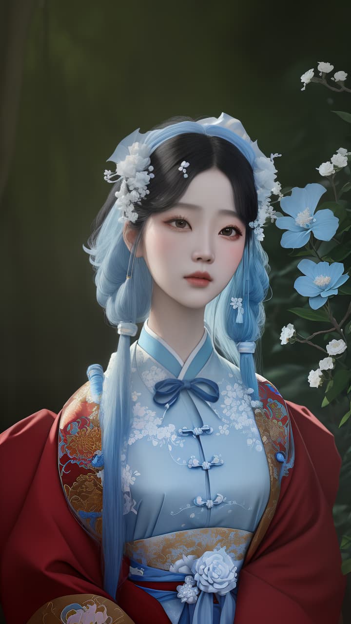  masterpiece, best quality, (Fidelity: 1.4), Best Quality, Masterpiece, Ultra High Resolution, Poster, Fantasy Art, Very Detailed Faces, 8k resolution, Chinese Style, An woman, Side Face, Quiet, Light Blue Hanfu, Tulle Coat, Long Black Hair, Light Blue Fringed Hair Ornament, Hairpin, White Ribbon, White Flower Bush, Light Blue Butterfly Flying, cinematic lighting effects