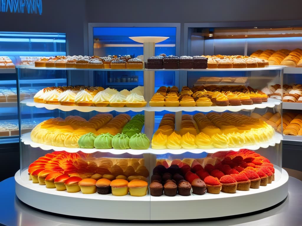  A minimalist, highresolution image of a sleek, modern bakery display case filled with an array of beautifully presented branded desserts. Each dessert is meticulously arranged with vibrant colors and intricate details, showcasing the artistry and craftsmanship behind the sweet treats. The clean lines and sophisticated design of the display case exude an air of professionalism and elegance, perfectly capturing the essence of brand merchandising for desserts. hyperrealistic, full body, detailed clothing, highly detailed, cinematic lighting, stunningly beautiful, intricate, sharp focus, f/1. 8, 85mm, (centered image composition), (professionally color graded), ((bright soft diffused light)), volumetric fog, trending on instagram, trending on tumblr, HDR 4K, 8K