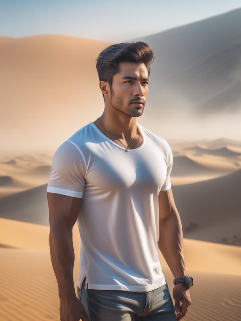  Half body portrait,Young Asian Male Traveller wear solid white casual short sleeve t shirt, standing in desert, look at to camera, cinematic lighting, stunningly beautiful, intricate, sharp focus, f/1. 8, 85mm, (professionally color graded), ((bright soft diffused light)), volumetric fog, trending on instagram, trending on tumblr, HDR 4K, 8K hyperrealistic, full body, detailed clothing, highly detailed, cinematic lighting, stunningly beautiful, intricate, sharp focus, f/1. 8, 85mm, (centered image composition), (professionally color graded), ((bright soft diffused light)), volumetric fog, trending on instagram, trending on tumblr, HDR 4K, 8K