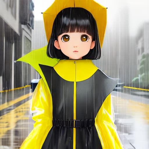  Cute girl playing in the rain wearing a yellow raincoat, black hair, big eyes, lovely wind,