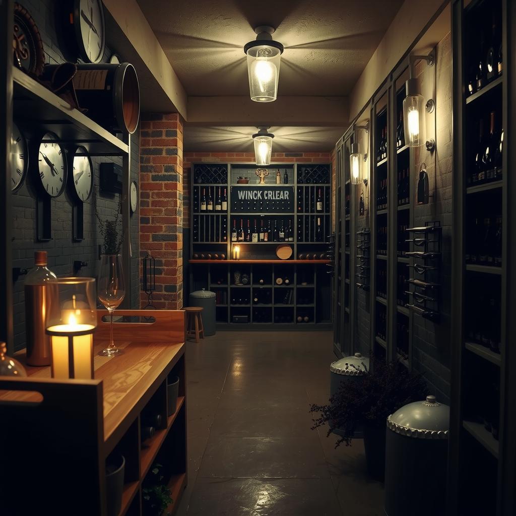  capture a professional, unedited 8k photograph that boasts a hyperrealistic and intricately detailed representation of an industrial style wine cellar. this image utilizes cinestill 800t film grain and diffused lighting to enhance its cinematic aesthetic, reflecting a moment reminiscent of a horror movie still with an eerie atmosphere. the setting features functional and utilitarian elements such as exposed brick, metal, and concrete, complemented by artisan craftsmanship decorations. the photograph's stunning beauty is amplified by the bright, soft, diffused light, creating dense, beautifully blurred backgrounds that highlight the dense furnishings and decorations.