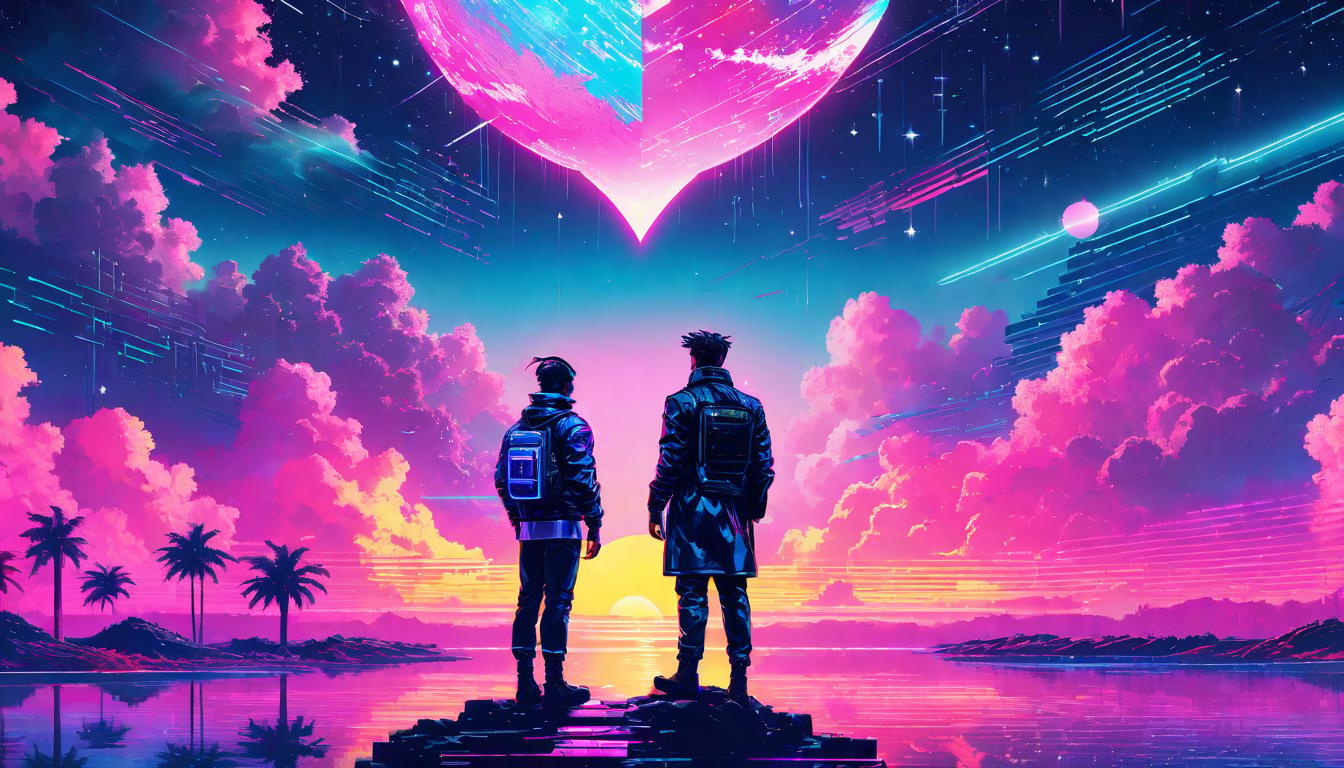  vaporwave,cyberpunk game style Person standing under starry sky, hand on heart, reflection and wisdomeon, dystopian, futuristic, digital, vibrant, detailed, high contrast, reminiscent of cyberpunk genre video games,retro aesthetic, cyberpunk, vibrant, neon colors, vintage 80s and 90s style, highly detailed