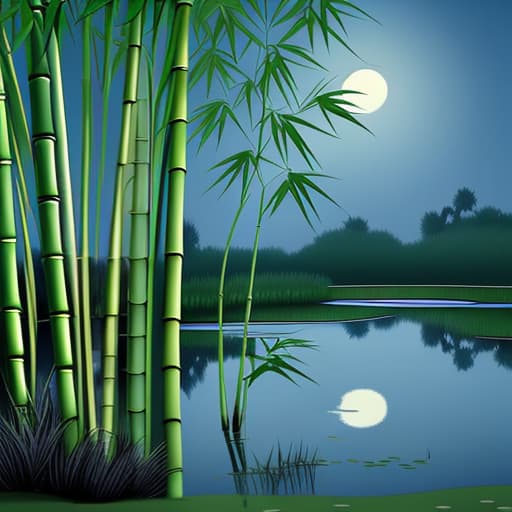  Bamboo tree beside a pond at night with moon in the sky