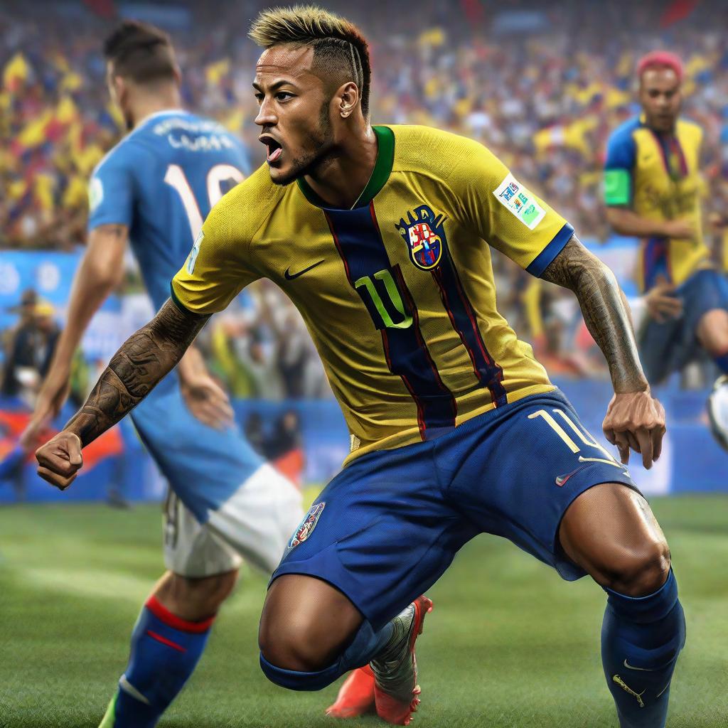  Neymar jr win the world cup, realistic, portrait, art by donato giancola and greg rutkowski, realistic face, digital art, trending on artstation hyperrealistic, full body, detailed clothing, highly detailed, cinematic lighting, stunningly beautiful, intricate, sharp focus, f/1. 8, 85mm, (centered image composition), (professionally color graded), ((bright soft diffused light)), volumetric fog, trending on instagram, trending on tumblr, HDR 4K, 8K