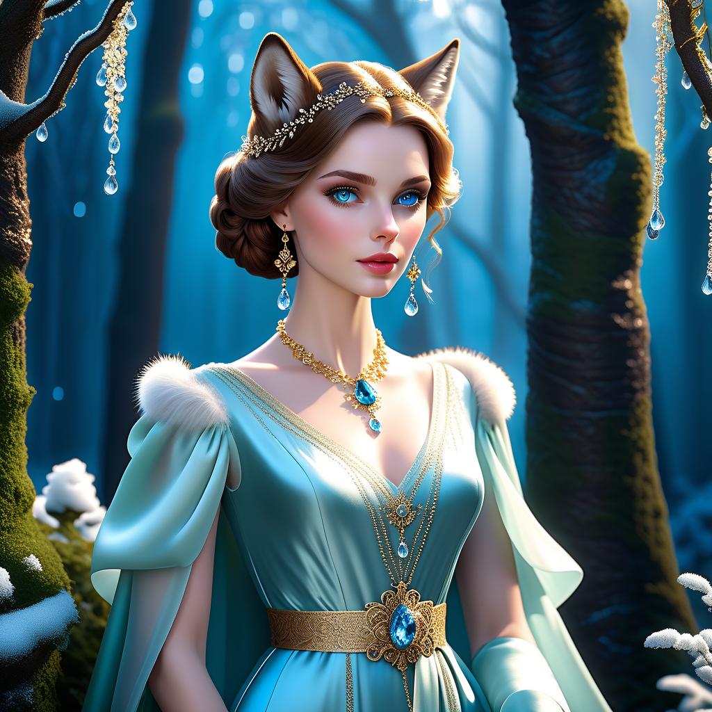  fairy tale (A beautiful ) with knee length brown hair and very sad blue eyes. She had precise facial features, arched eyebrows, and pale, porcelain like skin. Her ears were small, neat and rounded. She was dressed in the latest fashion: silk trousers the colour of early dawn, a gold brocade dressing gown with fur and tied with a sash. Her pale wrists were wrapped in tinkling celets, and her slender neck was adorned with a necklace made of frozen dewdrops. The beauty came closer, and the wolf cub ducked to the ground just in case. He saw the saffiano shoes with curved toes freeze right next to his muzzle. . magical, fantastical, enchanting, storybook style, highly detailed hyperrealistic, full body, detailed clothing, highly detailed, cinematic lighting, stunningly beautiful, intricate, sharp focus, f/1. 8, 85mm, (centered image composition), (professionally color graded), ((bright soft diffused light)), volumetric fog, trending on instagram, trending on tumblr, HDR 4K, 8K