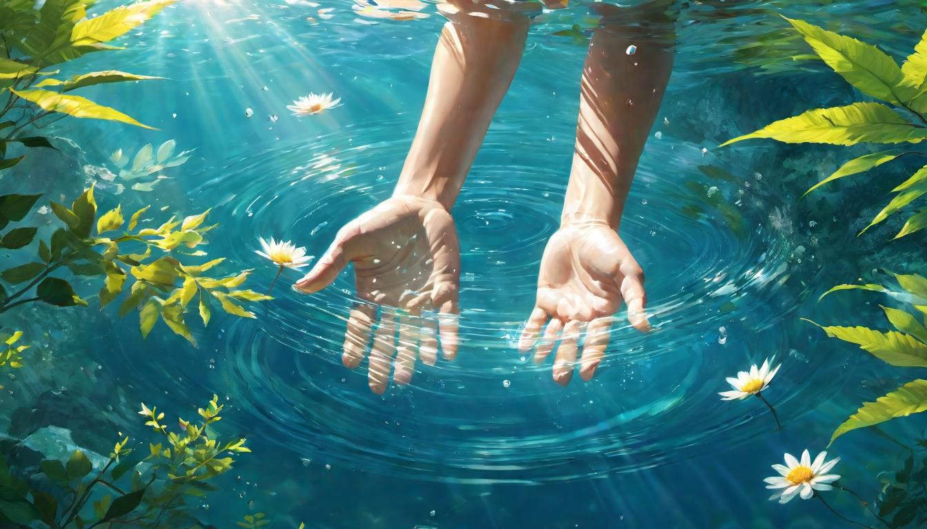  digital illustration, A figure immersing hands in a clear natural spring, sunlight dancing on water surface, radiant warmth, crystal clarity, rejuvenation, communion with nature, looking at viewer, dynamic pose, (intricate details, masterpiece, best quality)