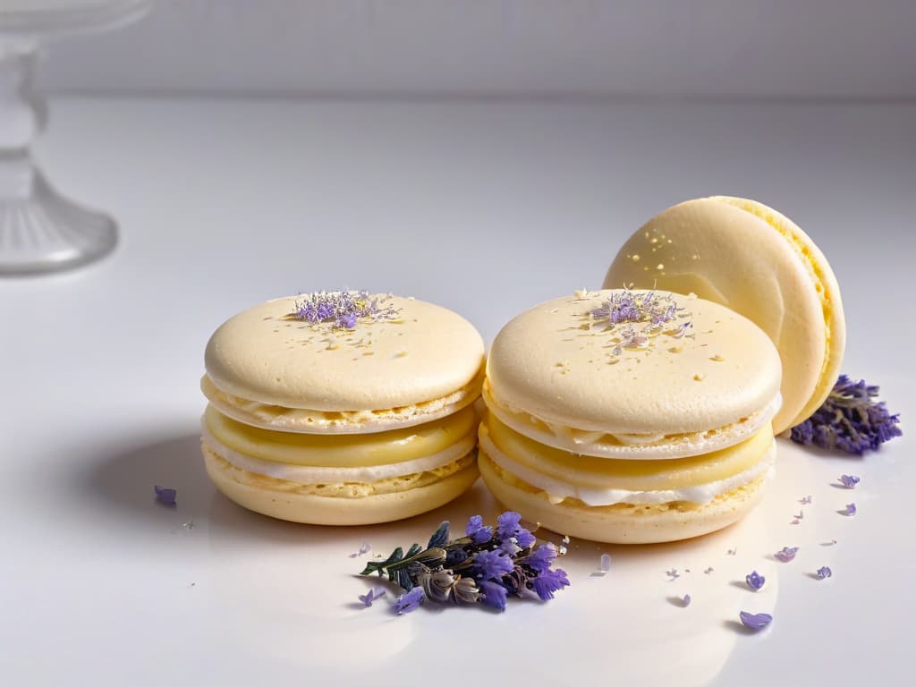  A closeup, photorealistic image of a delicate, intricately textured lemon lavender macaron, showcasing the glossy surface of the shell adorned with tiny specks of dried lavender petals. The background is softly blurred to emphasize the meticulous details of the dessert, highlighting the play of light and shadow on the smooth, goldenbrown edges of the macaron. The image captures the essence of sophistication and artistry in pastrymaking, evoking a sense of elegance and innovation in using essential oils to elevate sweet treats. hyperrealistic, full body, detailed clothing, highly detailed, cinematic lighting, stunningly beautiful, intricate, sharp focus, f/1. 8, 85mm, (centered image composition), (professionally color graded), ((bright soft diffused light)), volumetric fog, trending on instagram, trending on tumblr, HDR 4K, 8K