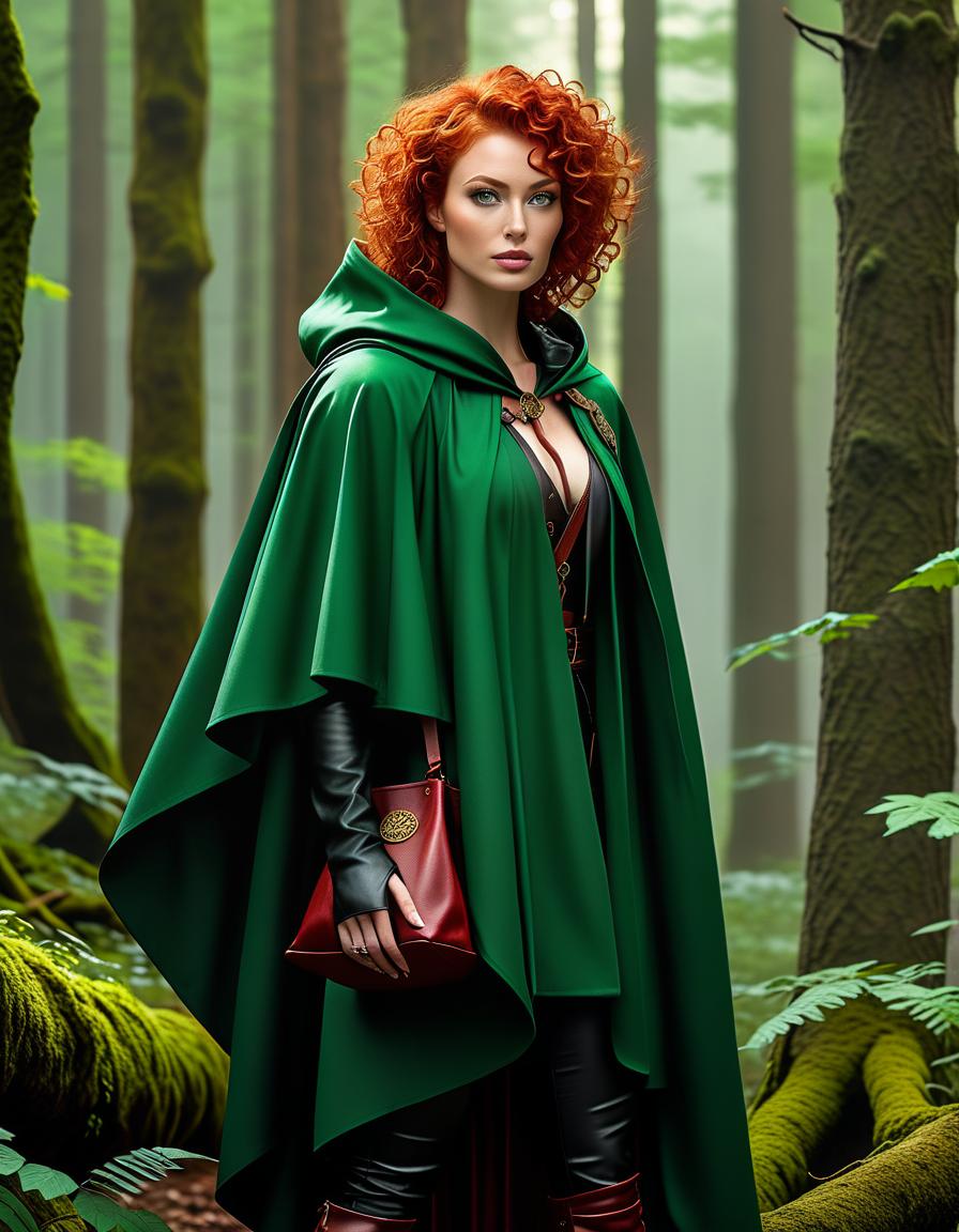  A young with short red curly hair, bare ed, fully grown, wearing a green swamp cloak, in fantasy, a thief, in the forest, with a bag slung across her shoulder. Note: The term "fantasy" might refer to a specific subgenre or setting within the story, such as a magical forest. The words "ogeńvci fd kseniisi s gfjod ggsh" seem to be misspelt and might be a typo. If it is not, they would translate to " with short red curly hair, bare ed, fully grown, in green swamp cloak, thief in a wonderland forest, with bag on shoulder" in English., hkmagic hyperrealistic, full body, detailed clothing, highly detailed, cinematic lighting, stunningly beautiful, intricate, sharp focus, f/1. 8, 85mm, (centered image composition), (professionally color graded), ((bright soft diffused light)), volumetric fog, trending on instagram, trending on tumblr, HDR 4K, 8K