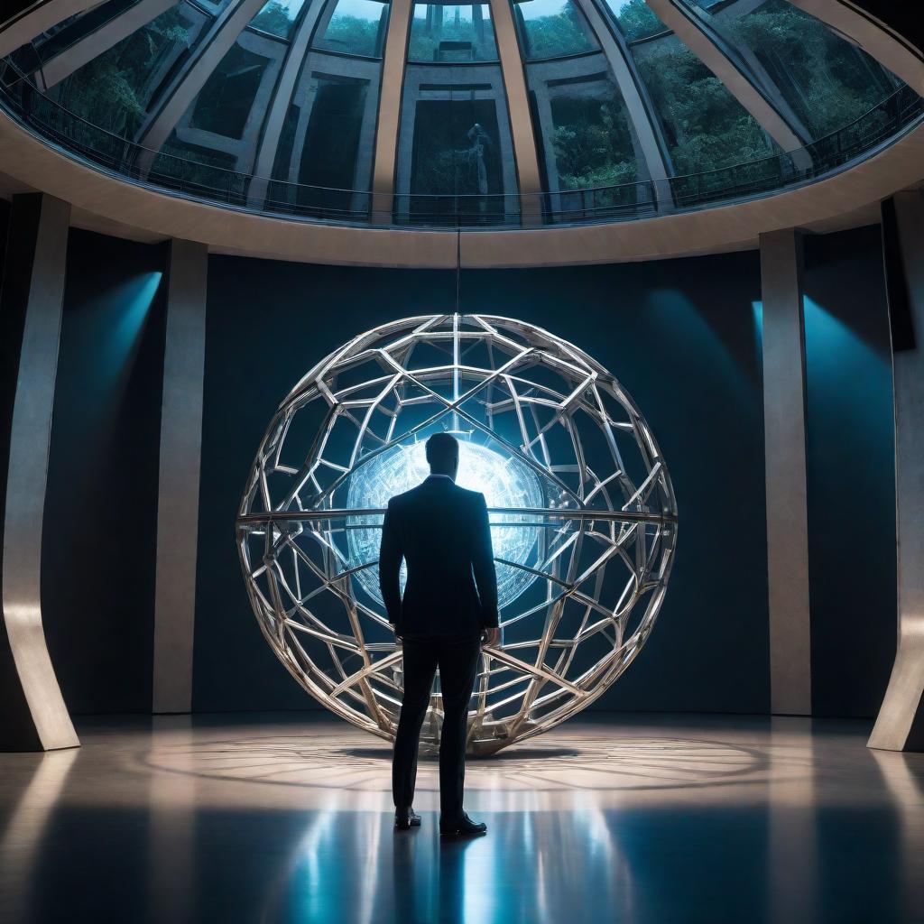  A large, spherical structure with an intricate geometric design, similar to a complex metallic orb with interconnected lines and nodes. It is illuminated from within by a focal light source. The text 'AI VILLAINS' is placed at the bottom of the image. A silhouette of a person stands in front of the sphere, facing it, creating a theme of confrontation or dominance. The overall lighting creates a dramatic and potentially ominous atmosphere, with strong contrasts and shadows. The background is dark, enhancing the focal points of light and structure. The overall mood reflects themes of artificial intelligence and its potential antagonistic roles. hyperrealistic, full body, detailed clothing, highly detailed, cinematic lighting, stunningly beautiful, intricate, sharp focus, f/1. 8, 85mm, (centered image composition), (professionally color graded), ((bright soft diffused light)), volumetric fog, trending on instagram, trending on tumblr, HDR 4K, 8K