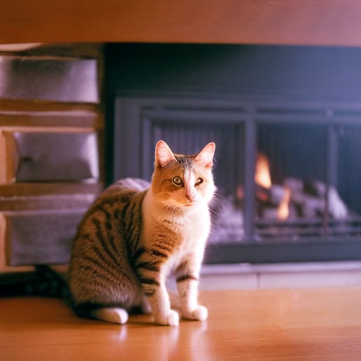 analog style "Old cat gazes toward the fireplace in a cabin."high quality