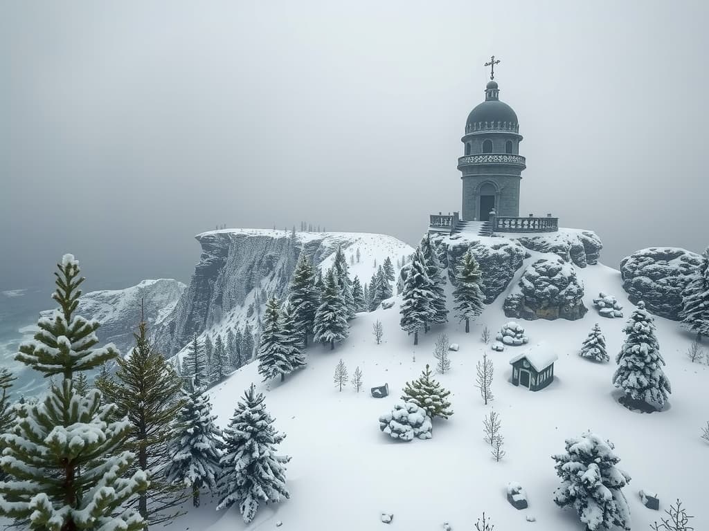  snowy arctic island covered in pine forests just above a stormy sea, the island looms 150 feet over the water in icy, treacherous cliffs, gothic mausoleum stands on the northern end of the island, haunting, 1990s ravenloft art ar 16:9 hyperrealistic, full body, detailed clothing, highly detailed, cinematic lighting, stunningly beautiful, intricate, sharp focus, f/1. 8, 85mm, (centered image composition), (professionally color graded), ((bright soft diffused light)), volumetric fog, trending on instagram, trending on tumblr, HDR 4K, 8K