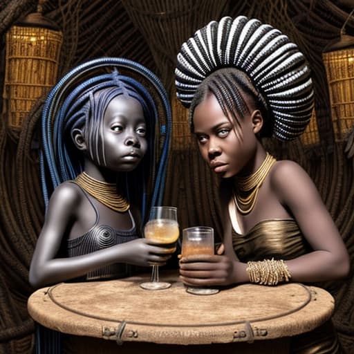  Alice and a African girl dressed in chains having a drink at a wild drinking party on an alien planet stable diffusion, absolute reality v1.6, in the style of hr giger