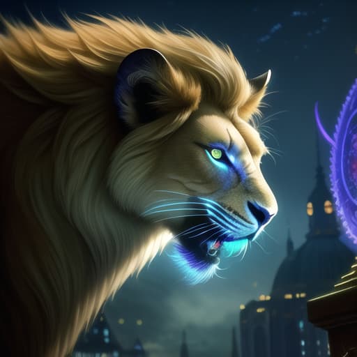  A mesmerizing chimera stands before us in all its mythical glory - a lion's head, a snake's tail, and a goat's second head, blending together seamlessly. This high-quality photograph captures every intricate detail of the creature, from its bioluminescent aura to its realistic features. The fantasy creature exudes beauty and complexity, drawing viewers in with its stunning realism and vivid colors, making it a truly captivating and enchanting subject, By Alexander Jansson and Android Jones || A HUGE beautiful intricate resin ring with sci-fi LEDs, made of computer chips, an intricate sci-fi city is inside of it, on a huge cyberpunk background, intricate, hyperdetailed, beautiful, (masterpiece, best quality:1.5), HDR 4K, 8K