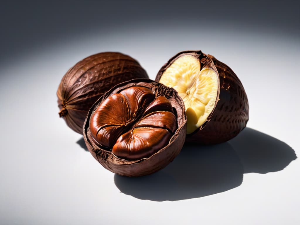  An ultradetailed closeup image of a single cacao bean split in half, showcasing the intricate inner patterns, rich brown tones, and glistening texture. The image captures the essence of the cacao variety, highlighting its authenticity and natural beauty in a minimalistic style. hyperrealistic, full body, detailed clothing, highly detailed, cinematic lighting, stunningly beautiful, intricate, sharp focus, f/1. 8, 85mm, (centered image composition), (professionally color graded), ((bright soft diffused light)), volumetric fog, trending on instagram, trending on tumblr, HDR 4K, 8K