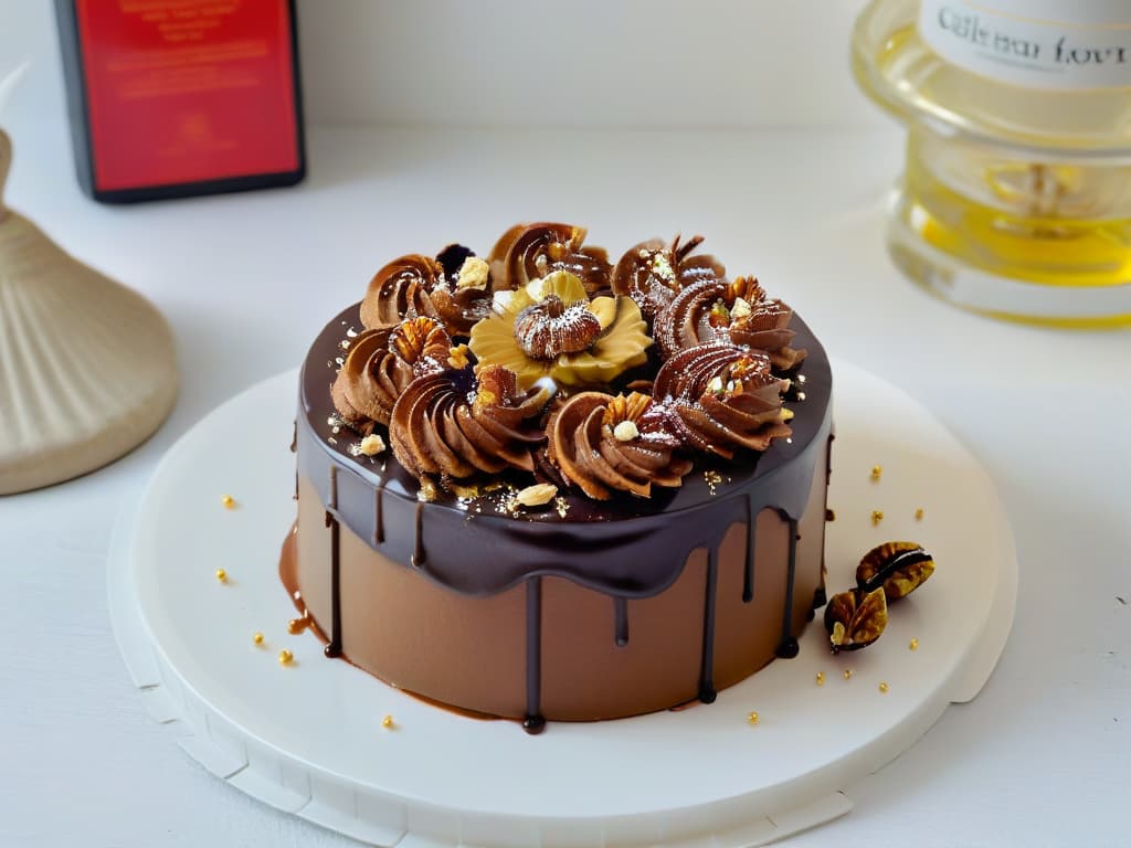  A closeup, ultra highdefinition image of a goldenbrown walnut and dark chocolate cake topped with a drizzle of luxurious walnut oil infused ganache, elegantly garnished with a sprinkle of crushed walnuts and a few delicate edible gold flakes. The cake sits on a sleek, modern white plate on a marble countertop, with soft natural light gently illuminating the dessert, showcasing its decadent texture and glossy finish. hyperrealistic, full body, detailed clothing, highly detailed, cinematic lighting, stunningly beautiful, intricate, sharp focus, f/1. 8, 85mm, (centered image composition), (professionally color graded), ((bright soft diffused light)), volumetric fog, trending on instagram, trending on tumblr, HDR 4K, 8K