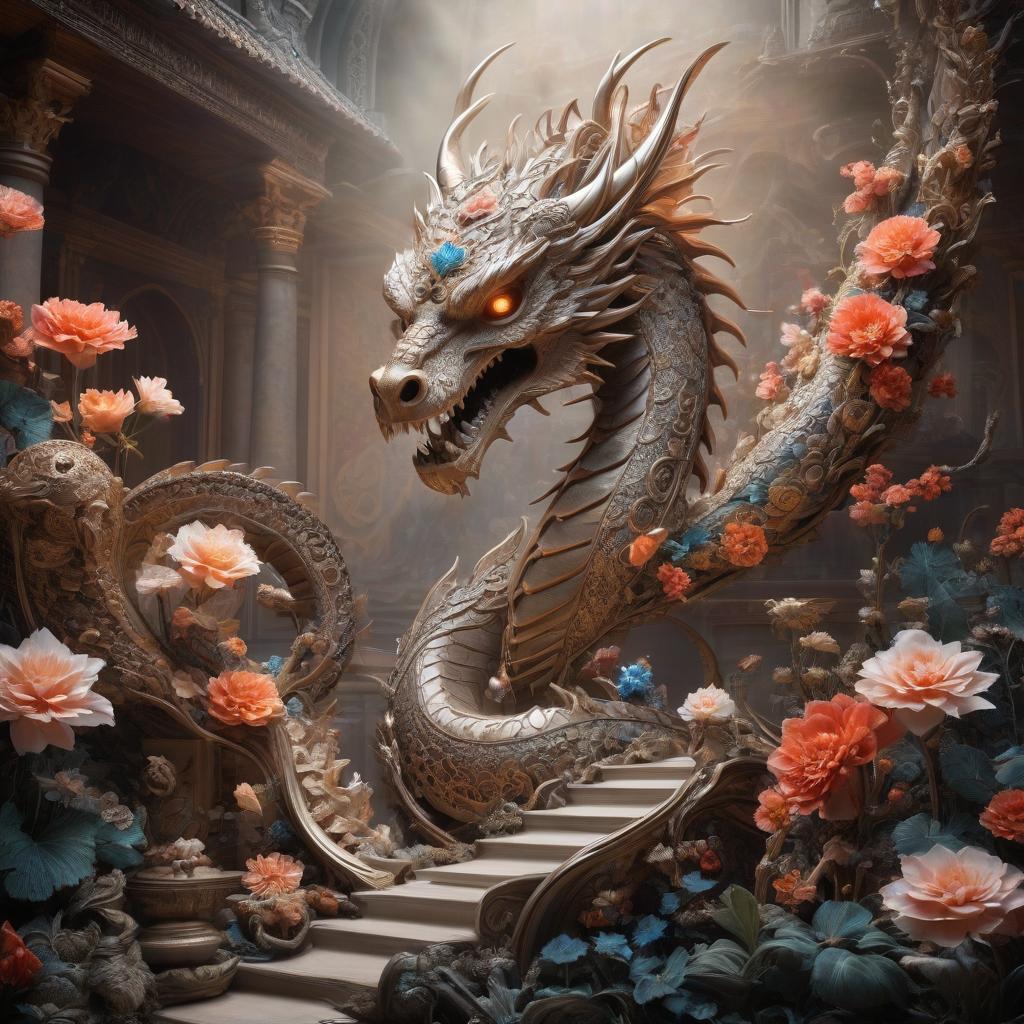  (Surrealist Art, Masterpiece:1. 1), dragon, intricate floral patterns, surreal and dreamlike atmosphere, skull shaped object with swirling patterns, ethereal glow around it floating in a mystical void, intricate details showing traditional Russian artistic style, subtle hints of surrealist elements such as floating petals or flickering light, rich texture and depth in the work, mesmerizing combination of surrealism and intricate ceramic art. hyperrealistic, full body, detailed clothing, highly detailed, cinematic lighting, stunningly beautiful, intricate, sharp focus, f/1. 8, 85mm, (centered image composition), (professionally color graded), ((bright soft diffused light)), volumetric fog, trending on instagram, trending on tumblr, HDR 4K, 8K