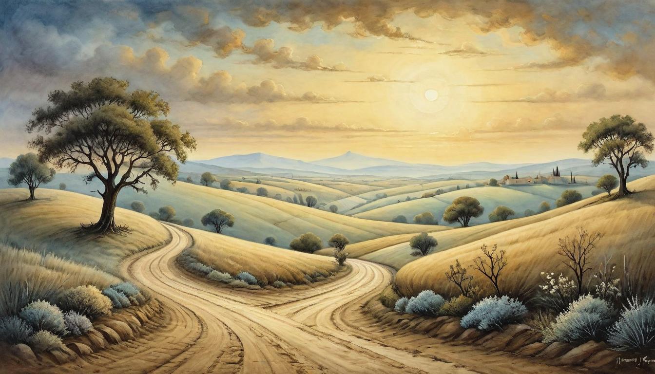  on parchment, surrealism+++, A new dawn breaks over a much traveled road, symbolizing hope and renewal in Naomi and Ruth's journey. Road stretching into the horizon, early morning light casting gentle shadows, beginning anew, journey’s promise(mysterious, provocative, symbolic,muted color)+++