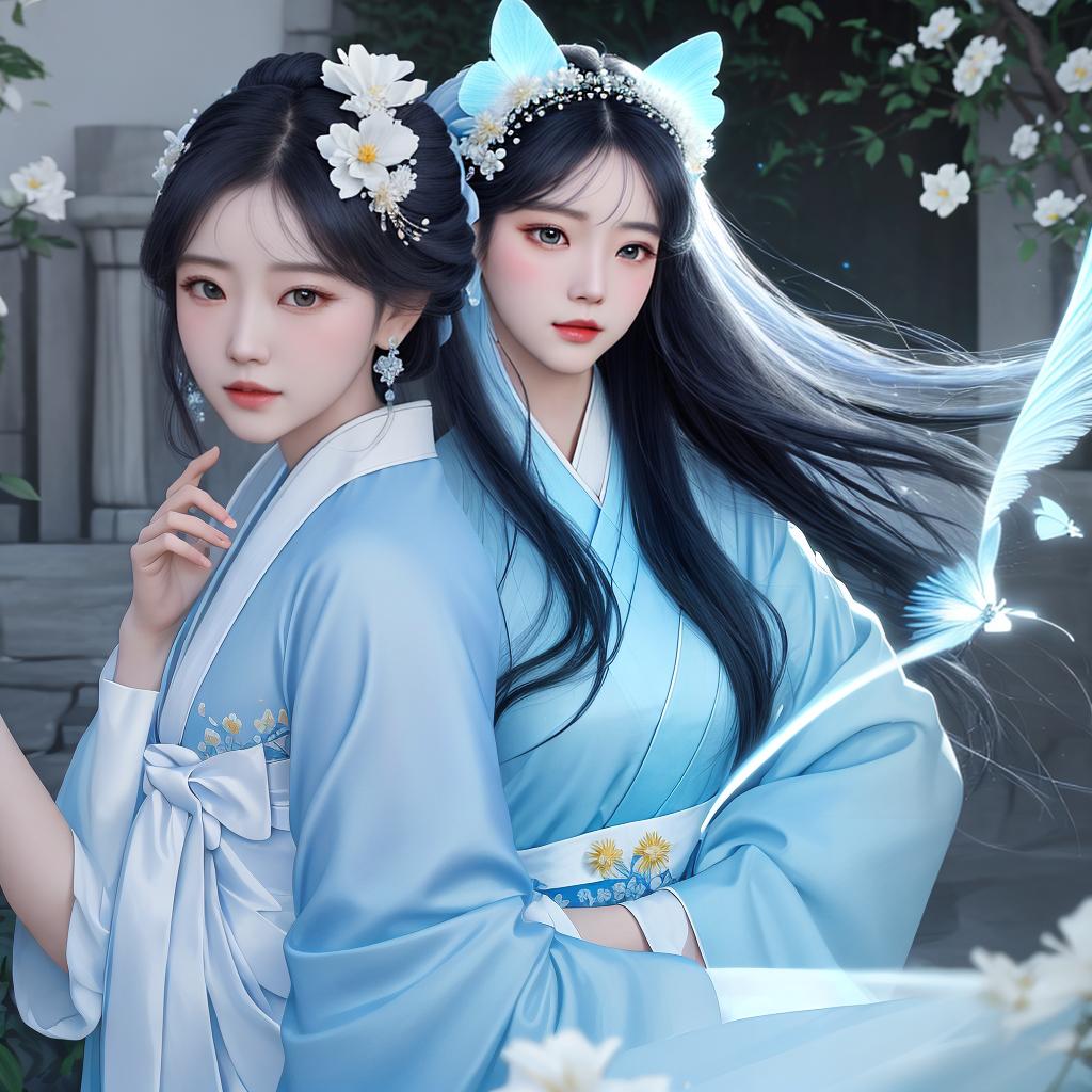  masterpiece, best quality, (Fidelity: 1.4), Best Quality, Masterpiece, Ultra High Resolution, Poster, Fantasy Art, Very Detailed Faces, 8k resolution, Chinese Style, An woman, Side Face, Quiet, Light Blue Hanfu, Tulle Coat, Long Black Hair, Light Blue Fringed Hair Ornament, Hairpin, White Ribbon, White Flower Bush, Light Blue Butterfly Flying, cinematic lighting effects