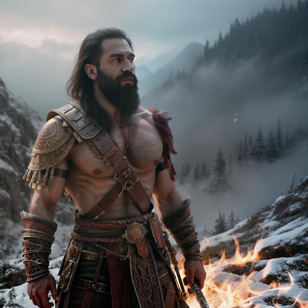  God of war hyperrealistic, full body, detailed clothing, highly detailed, cinematic lighting, stunningly beautiful, intricate, sharp focus, f/1. 8, 85mm, (centered image composition), (professionally color graded), ((bright soft diffused light)), volumetric fog, trending on instagram, trending on tumblr, HDR 4K, 8K