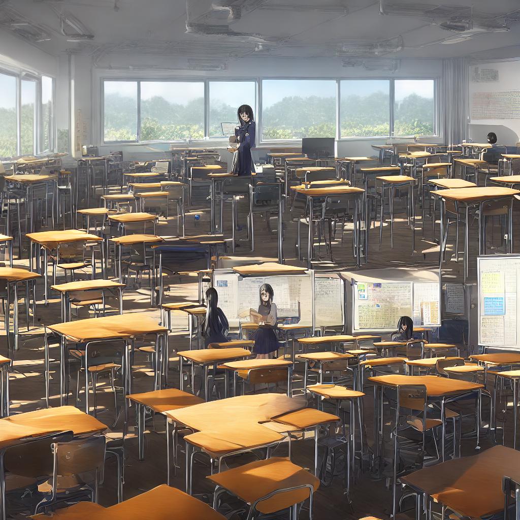  A ((masterpiece)),(((best quality))), 8k, high detailed, ultra-detailed digital painting of a girl sitting in a classroom. The girl has ((black hair)) and is wearing a blue uniform. She is smiling and holding a book in her hands. The classroom has (windows in the background) through which the sunshine is pouring in. The desks are neatly arranged with textbooks and notebooks on them. The blackboard at the front of the classroom has equations and diagrams written on it. The walls of the classroom are adorned with colorful educational posters. The overall color scheme of the painting is warm and inviting, with soft lighting creating a cozy atmosphere. hyperrealistic, full body, detailed clothing, highly detailed, cinematic lighting, stunningly beautiful, intricate, sharp focus, f/1. 8, 85mm, (centered image composition), (professionally color graded), ((bright soft diffused light)), volumetric fog, trending on instagram, trending on tumblr, HDR 4K, 8K