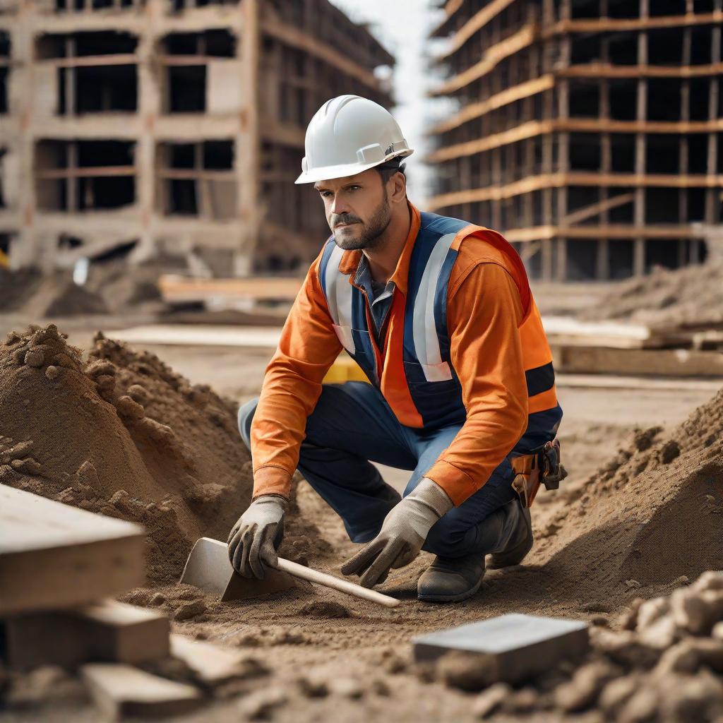  Masterpiece, best quality, a builder in a reflective vest and helmet, kneeling on the ground, one knee sunk in the dirt, surrounded by a construction site littered with tools and materials, focused and determined, like a worker working diligently on a project, in the style of realistic photographs that capture the details of the worker's attire and construction site, and the natural warmth of the sun casts soft shadows. This hint can be achieved with high-resolution DSLRs, using wide-angle lenses and aperture settings for depth of field.