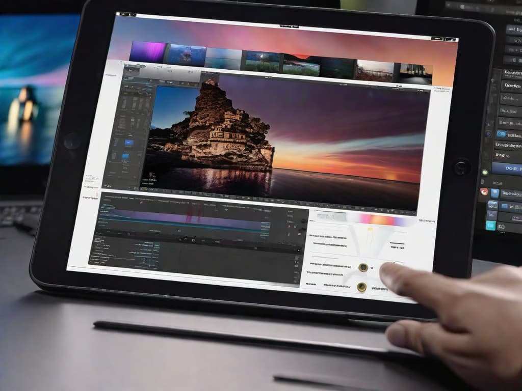  A sleek iPad displaying a live multicamera video editing interface, with multiple video streams being seamlessly edited together. In the background, a powerful Mac computer running Final Cut Pro with AI-powered features, effortlessly enhancing the editing process. digital art, ilustration, no flares, clean hyperrealistic, full body, detailed clothing, highly detailed, cinematic lighting, stunningly beautiful, intricate, sharp focus, f/1. 8, 85mm, (centered image composition), (professionally color graded), ((bright soft diffused light)), volumetric fog, trending on instagram, trending on tumblr, HDR 4K, 8K