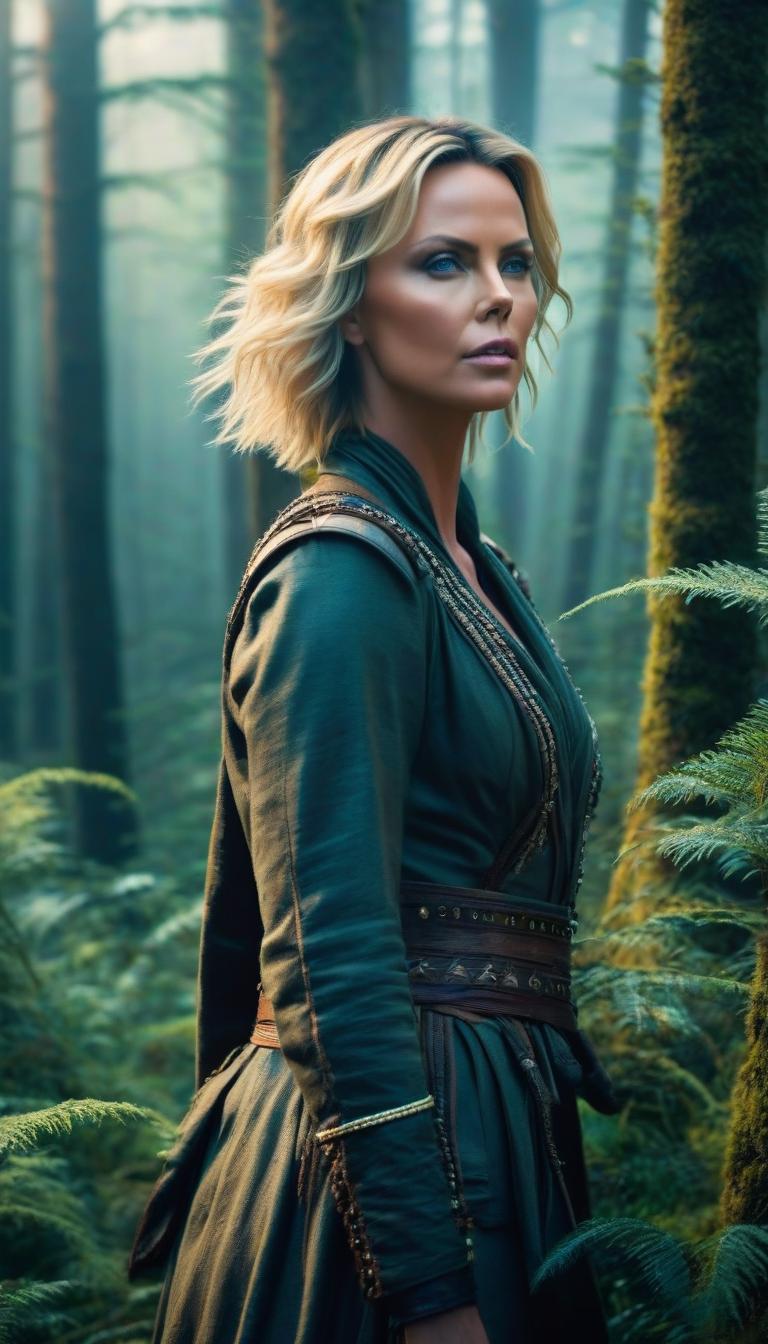  a wild woman living in the forest, dressed in scraps of skins, disheveled hair, dynamic pose, random angle, of an ultra detailed young Charlize Theron, soft light, haze, —ar 9:16 —niji 5, (Masterpiece:1.3), (best quality:1.3). hyperrealistic, full body, detailed clothing, highly detailed, cinematic lighting, stunningly beautiful, intricate, sharp focus, f/1. 8, 85mm, (centered image composition), (professionally color graded), ((bright soft diffused light)), volumetric fog, trending on instagram, trending on tumblr, HDR 4K, 8K