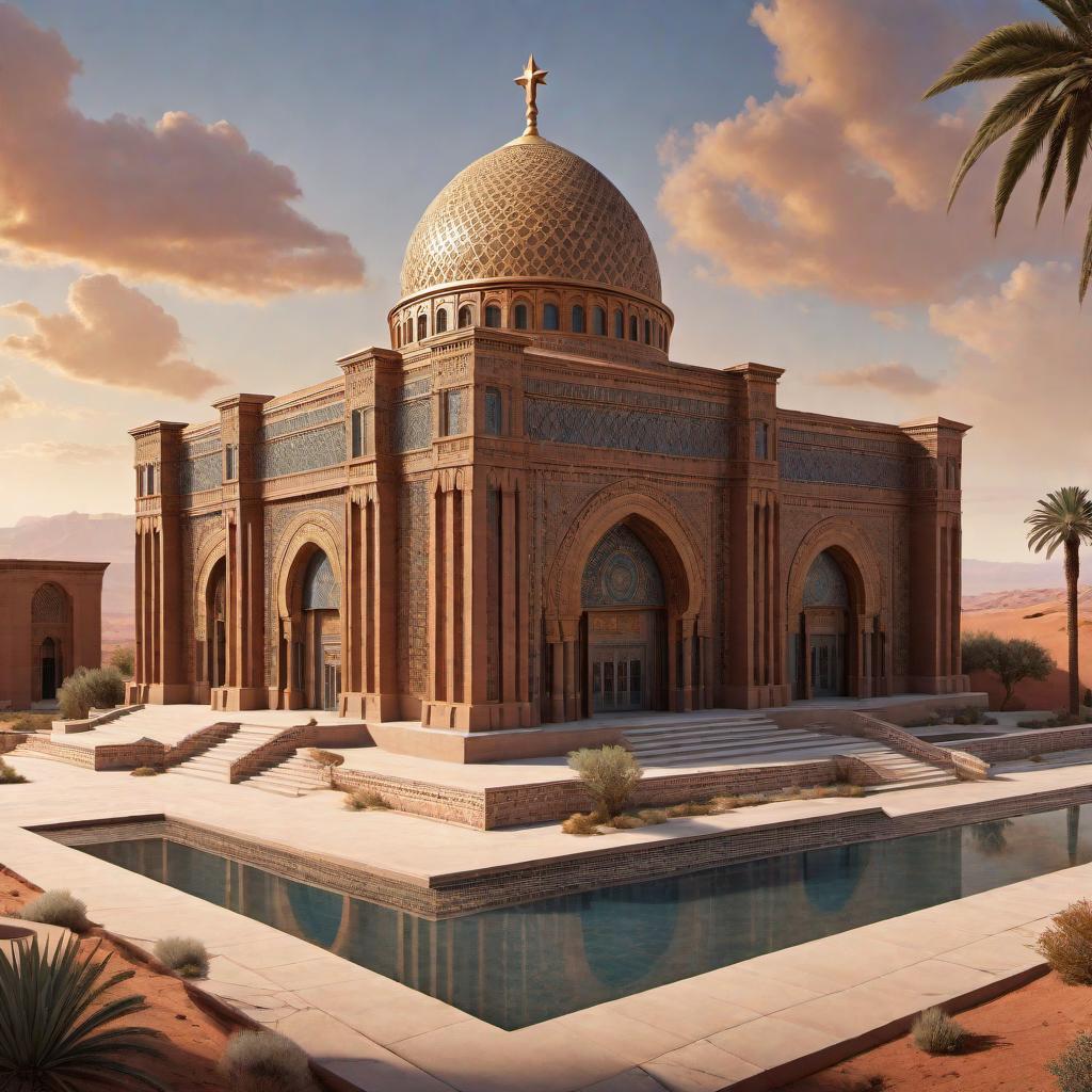  A detailed illustration of the original Moorish Science Temple of America building, designed to resemble the architectural style of the ancient Moabites from the land of Moab. The building should feature elements such as stone construction, arched doorways, ornate window designs, and detailed carvings. Include unique features like pillars and a façade that reflects ancient Middle Eastern architecture. Furthermore, incorporate symbols of the Moorish Science Temple of America, such as the five-pointed star and crescent, and any relevant African-American cultural symbols. Additionally, visualize Chapter 47 of the Holy Koran of the MSTA with inscriptions or murals that reflect its teachings on the building's exterior or interior. hyperrealistic, full body, detailed clothing, highly detailed, cinematic lighting, stunningly beautiful, intricate, sharp focus, f/1. 8, 85mm, (centered image composition), (professionally color graded), ((bright soft diffused light)), volumetric fog, trending on instagram, trending on tumblr, HDR 4K, 8K