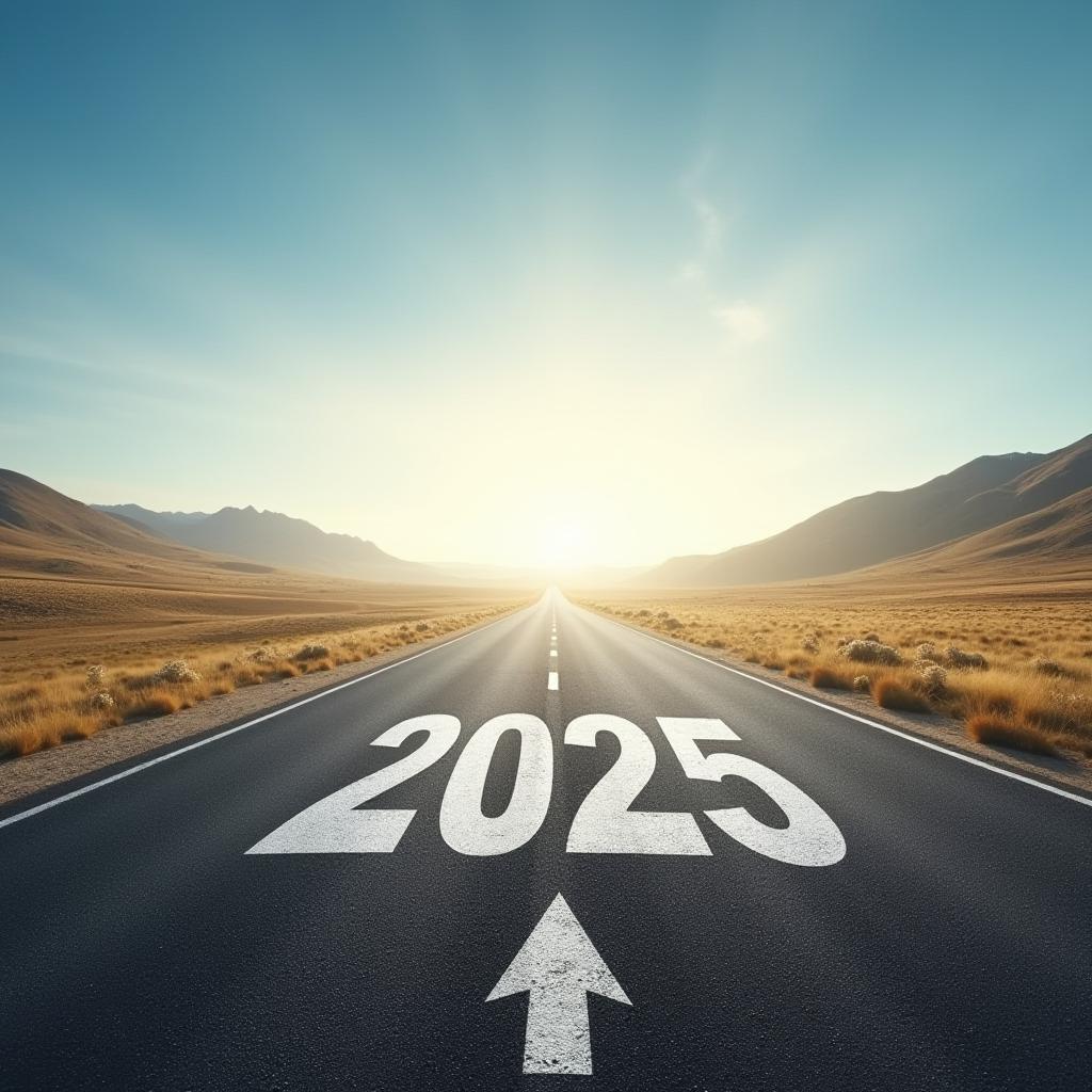  good quality, high quality, road to 2025 with an empty road with written 2025 and arrow pointing towards the horizon to represent the future and positivity and success of the new year 2025