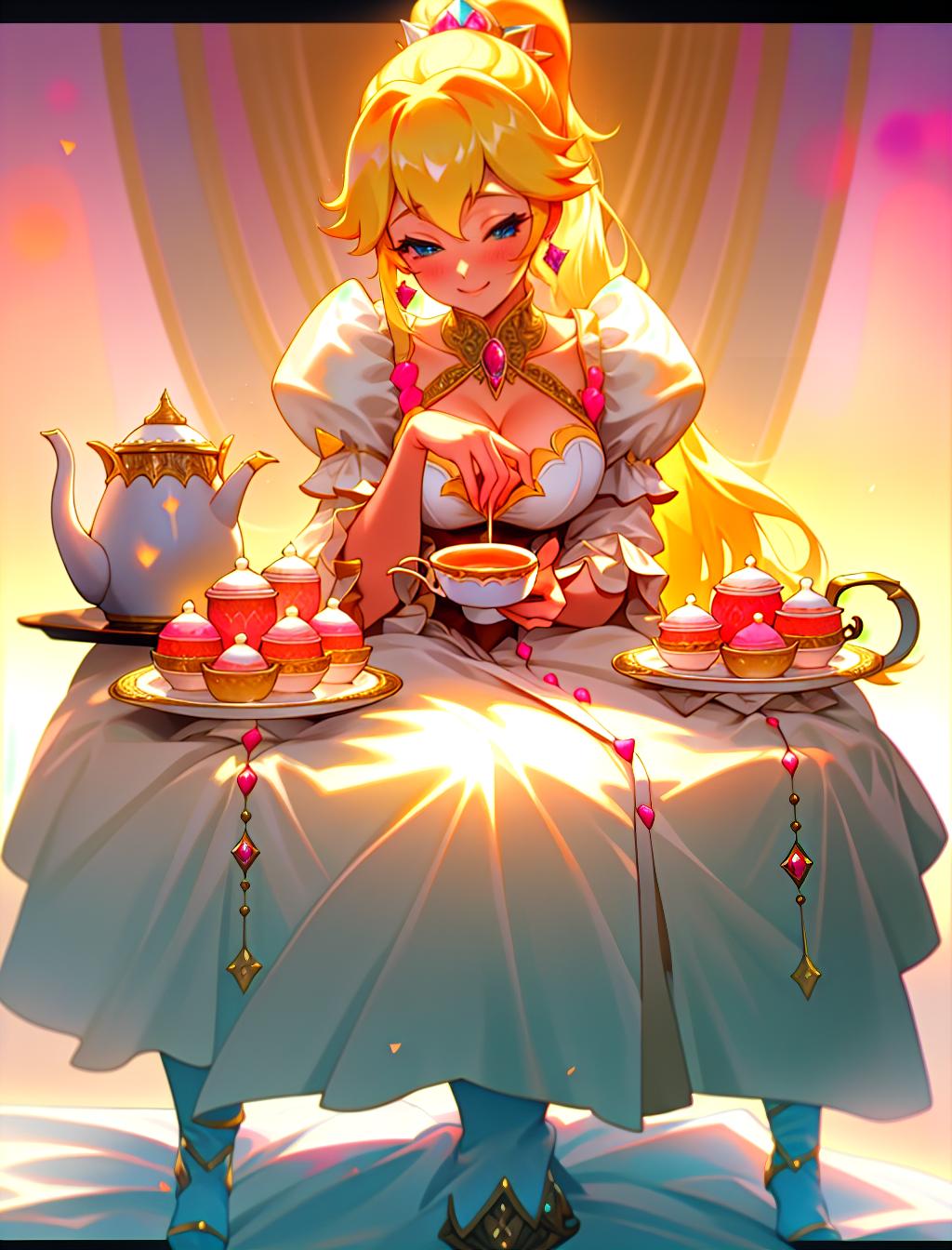  Princess peach, holding tea, blonde hair, hair tied up in ponytail, jewelry, table full of sweet candy, happy expression, tea room, pink fancy dress, hyperrealistic, full body, detailed clothing, highly detailed, cinematic lighting, stunningly beautiful, intricate, sharp focus, f/1. 8, 85mm, (centered image composition), (professionally color graded), ((bright soft diffused light)), volumetric fog, trending on instagram, trending on tumblr, HDR 4K, 8K hyperrealistic, full body, detailed clothing, highly detailed, cinematic lighting, stunningly beautiful, intricate, sharp focus, f/1. 8, 85mm, (centered image composition), (professionally color graded), ((bright soft diffused light)), volumetric fog, trending on instagram, trending on tumblr, HDR 4K, 8K