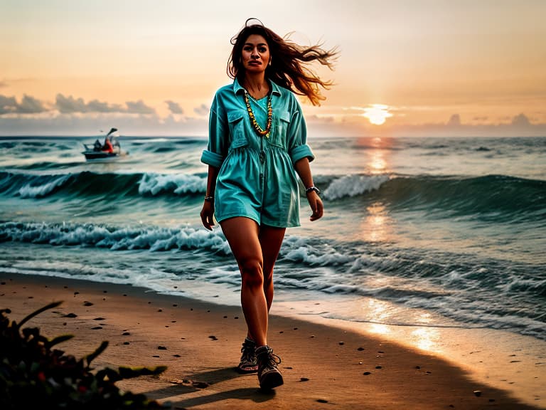  A lively and lovely and a beautiful mother, strolling on the beach at sunset, with a background of sunset, sunset, coconut grove, people picking shells, people for the small sea, and fish boats setting sail hyperrealistic, full body, detailed clothing, highly detailed, cinematic lighting, stunningly beautiful, intricate, sharp focus, f/1. 8, 85mm, (centered image composition), (professionally color graded), ((bright soft diffused light)), volumetric fog, trending on instagram, trending on tumblr, HDR 4K, 8K