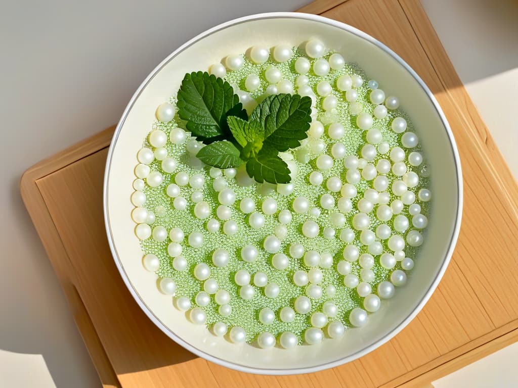  An ultradetailed closeup image of a translucent glass bowl filled with perfectly cooked tapioca pearls in various sizes, resting on a light wooden surface. The pearls glisten under soft, natural lighting, showcasing their gelatinous texture. Some pearls are still steaming, hinting at their freshly prepared state, while a few are delicately garnished with fresh mint leaves for a pop of contrasting color. The bowl is surrounded by scattered loose tapioca pearls, creating a visually appealing composition that highlights the simplicity and beauty of this Asian dessert ingredient. hyperrealistic, full body, detailed clothing, highly detailed, cinematic lighting, stunningly beautiful, intricate, sharp focus, f/1. 8, 85mm, (centered image composition), (professionally color graded), ((bright soft diffused light)), volumetric fog, trending on instagram, trending on tumblr, HDR 4K, 8K