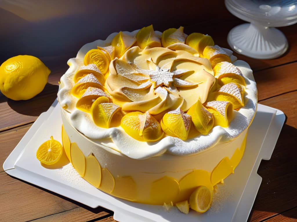  An ultradetailed closeup view of a freshly baked lemon meringue pie resting on a rustic wooden table, showcasing the golden brown meringue peaks glistening under soft lighting, with a slice cut out to reveal the tangy lemon curd filling oozing slightly onto the plate. The crust appears perfectly flaky and golden, adorned with delicate lemon zest curls and a dusting of powdered sugar, while a few whole lemons and a vintage silver pie server sit elegantly in the background, evoking a sense of warmth, freshness, and homemade goodness. hyperrealistic, full body, detailed clothing, highly detailed, cinematic lighting, stunningly beautiful, intricate, sharp focus, f/1. 8, 85mm, (centered image composition), (professionally color graded), ((bright soft diffused light)), volumetric fog, trending on instagram, trending on tumblr, HDR 4K, 8K