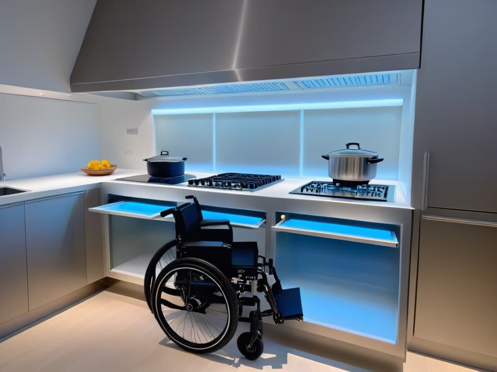  A photorealistic image of a modern, wheelchairaccessible kitchen designed for bakers with reduced mobility. The kitchen features lowered countertops, pullout shelves, easytoreach baking supplies, a stateoftheart oven with a clear glass door, and a sleek design with bright lighting to inspire creativity and efficiency. hyperrealistic, full body, detailed clothing, highly detailed, cinematic lighting, stunningly beautiful, intricate, sharp focus, f/1. 8, 85mm, (centered image composition), (professionally color graded), ((bright soft diffused light)), volumetric fog, trending on instagram, trending on tumblr, HDR 4K, 8K