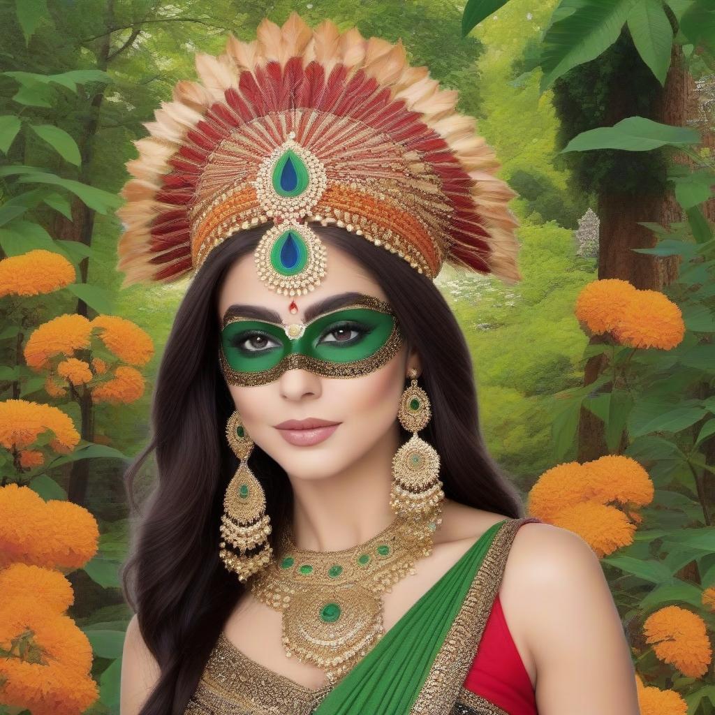  Prompt: a beautiful of an Indian in a black , es a white beautiful in a black and in greenery with a black openwork mask.In the style of artist Klimt Your result