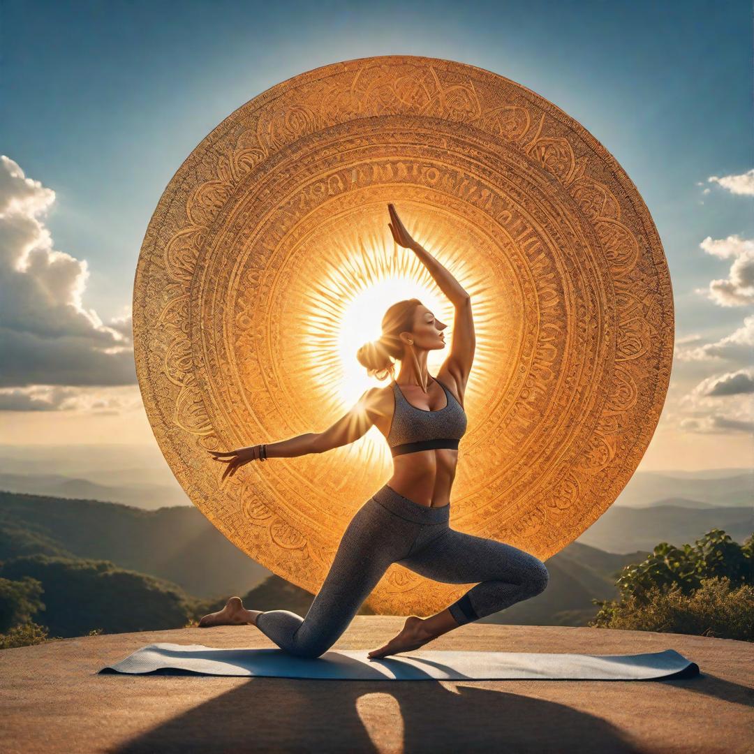 realistic photography, esotericism, magic, woman doing yoga against the backdrop of the rising sun, huge disk of the sun, blue sky, daylight, summer, super-realism, maximum elaboration of details --style raw hyperrealistic, full body, detailed clothing, highly detailed, cinematic lighting, stunningly beautiful, intricate, sharp focus, f/1. 8, 85mm, (centered image composition), (professionally color graded), ((bright soft diffused light)), volumetric fog, trending on instagram, trending on tumblr, HDR 4K, 8K