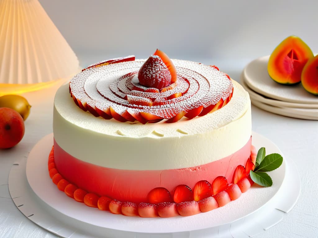  An 8k ultradetailed image of a traditional guava cake displayed on a minimalist white plate, showcasing the intricate layers of moist cake and sweet guava filling. The cake is elegantly garnished with fresh guava slices and a sprinkle of powdered sugar, set against a clean, modern backdrop to emphasize the fusion of tradition and flavor in every slice. hyperrealistic, full body, detailed clothing, highly detailed, cinematic lighting, stunningly beautiful, intricate, sharp focus, f/1. 8, 85mm, (centered image composition), (professionally color graded), ((bright soft diffused light)), volumetric fog, trending on instagram, trending on tumblr, HDR 4K, 8K