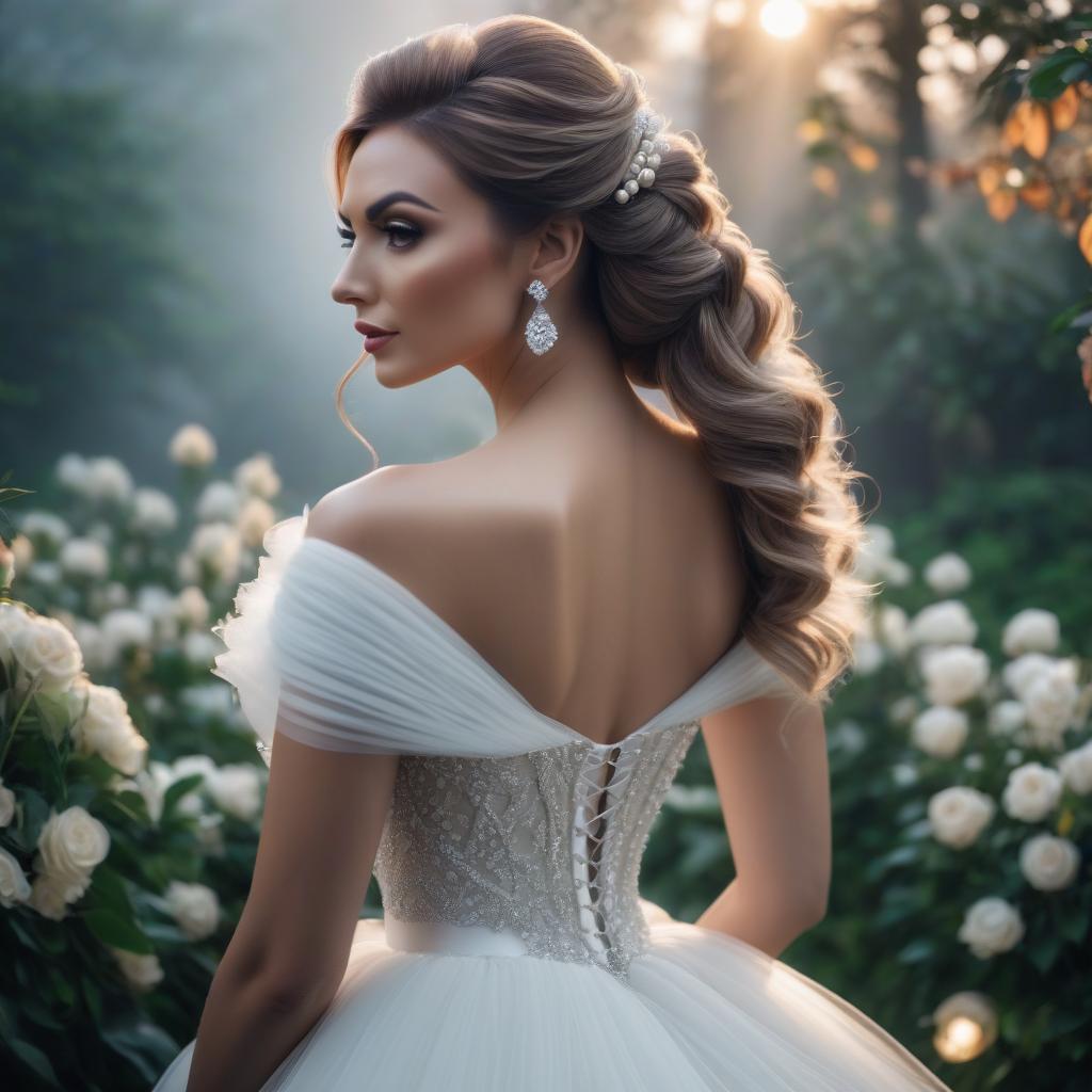  image of an elegant bride, head turned to the side, beautiful wedding hairstyle, decorated with pearls, in a wedding dress, outdoors against the background of wedding decor. hyperrealistic, full body, detailed clothing, highly detailed, cinematic lighting, stunningly beautiful, intricate, sharp focus, f/1. 8, 85mm, (centered image composition), (professionally color graded), ((bright soft diffused light)), volumetric fog, trending on instagram, trending on tumblr, HDR 4K, 8K