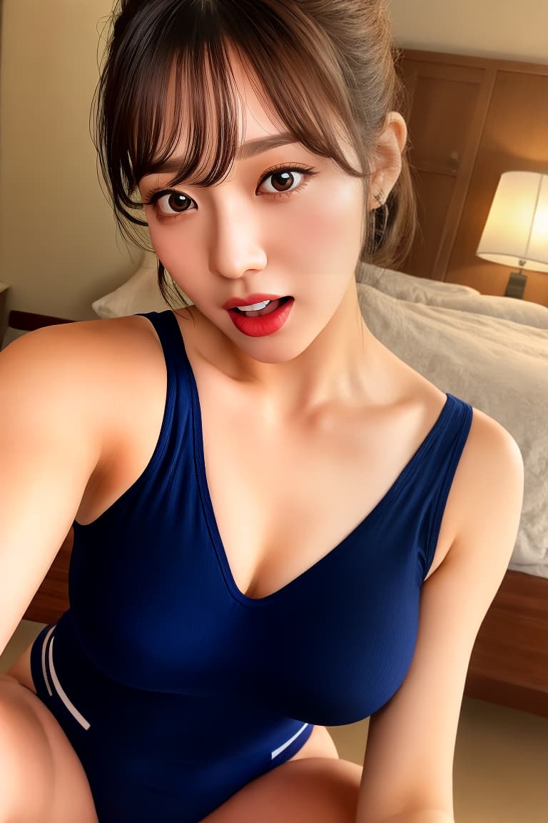  (masterpiece:1.3), (8k, photorealistic, RAW photo, best quality: 1.4), (realistic face), realistic eyes, (realistic skin), beautiful skin, (perfect body:1.3), (detailed body:1.2), ((((masterpiece)))), best quality, very_high_resolution, ultra-detailed, in-frame, beautiful, stunning, Natsuko Tatsumi look-alike, front view, almond-shaped eyes, long eyelashes, gal makeup, ponytail, open mouth scream, long tongue, tight navy blue one-piece swimsuit, U-neck, cleavage, amazing bust, reaching out, hotel bathroom, legs spread, squatting, modest and serious caregiver, ultra high res, ultra realistic, highly detailed, soft lightning, golden ratio