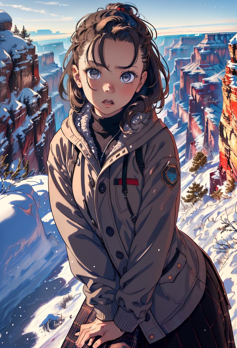  ((trending, highres, masterpiece, cinematic shot)), 1girl, young, female winter clothes, Grand Canyon scene, medium-length spiked light brown hair, hair slicked back,  grey eyes, calm personality, scared expression, dark skin, orderly, limber