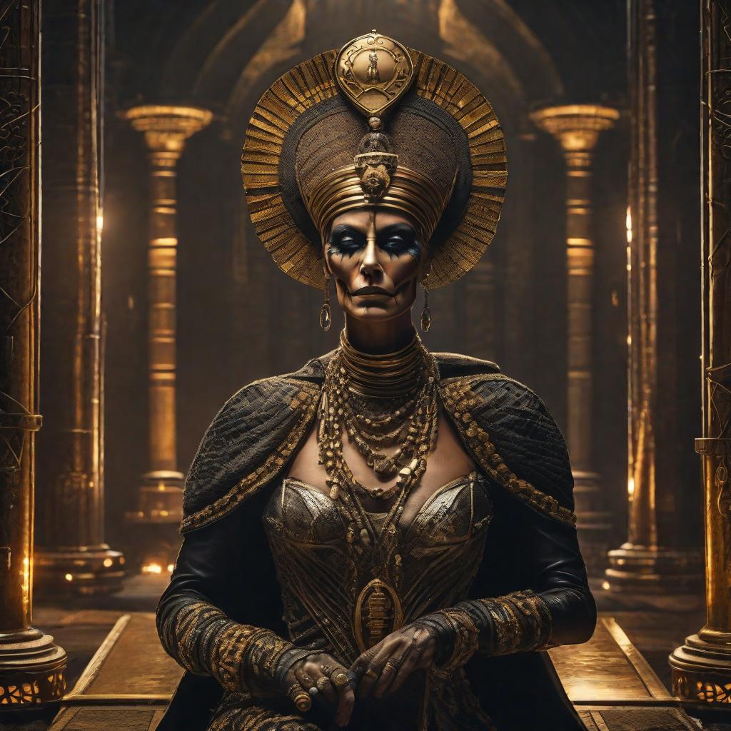  The image features a dead old queen in full attributes, depicted as a mummy. She is wearing a crown and a necklace, with a gold crown on her head and a gold necklace around her neck. The mummy's face is skeletal, and she appears to be wearing a gold and black dress. The scene is set in a dark environment, with a black background and a few lights illuminating the mummy. The overall atmosphere of the image is eerie and mysterious, as it captures the essence of a long deceased queen preserved in her tomb. (controlnet mode:canny juggernautXL v5, sdxl 1.0.0.9. safetensors, SeargeSDXL4.2 Llama2 prompt) hyperrealistic, full body, detailed clothing, highly detailed, cinematic lighting, stunningly beautiful, intricate, sharp focus, f/1. 8, 85mm, (centered image composition), (professionally color graded), ((bright soft diffused light)), volumetric fog, trending on instagram, trending on tumblr, HDR 4K, 8K