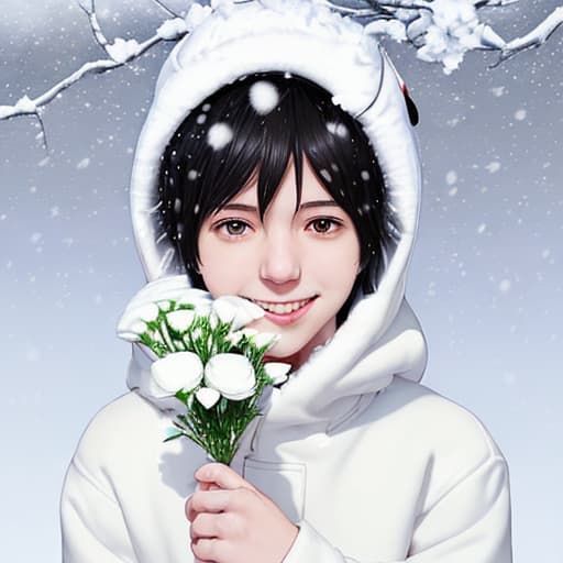  milk. brain. man. flowers. winter. snow. black.. cute smile. Makoto Shinkai style. kawaii.