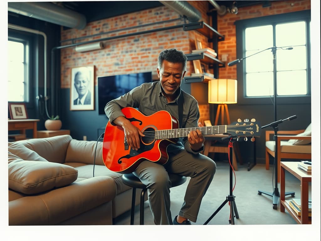  capture a hyperrealistic, unedited 8k photograph of a slim, 6 old afrodescendant senior man with dark brown rolled hair, styled as a blues singer, playing an instrument in a living room that exudes an industrial vibe with brick, metal, and concrete. he wears clic attire, highlighting the functional and utilitarian charm of the industrial design. the scene is illuminated by bright, soft, diffused nocturnal lighting, enhancing the intricate fractal patterns and dense furnishings of the gathering space. the photograph, styled after man ray, features a subdued color scheme with professionally color graded tones and a nostalgic touch from past decades. use a polaroid sx 70 to capture this stunningly detailed scene, complete with