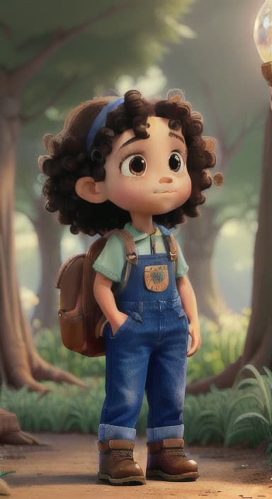  {The tree shining brightly and releasing a gentle, magical light., Riley, a curious with big brown eyes and curly hair, wearing overalls and carrying a small backpack. Their friend, Skye, a bluebird with shiny feathers.