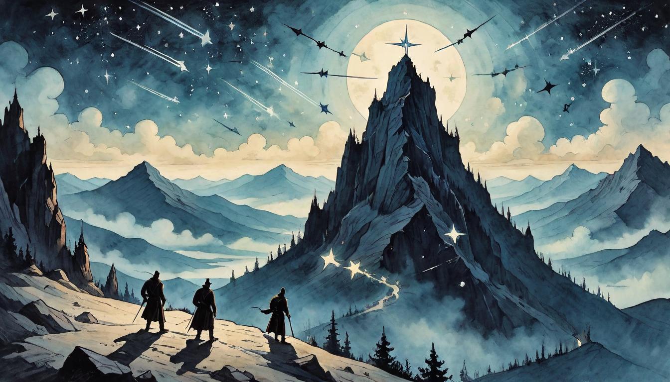  on parchment, surrealism+++, Silhouetted figures on a mountaintop reaching towards a sky punctuated by shooting stars, embodying resilience and aspiration, figures vary in posture, embodying determination, vast night sky, journey of perseverance, reaching for the untouchable(mysterious, provocative, symbolic,muted color)+++