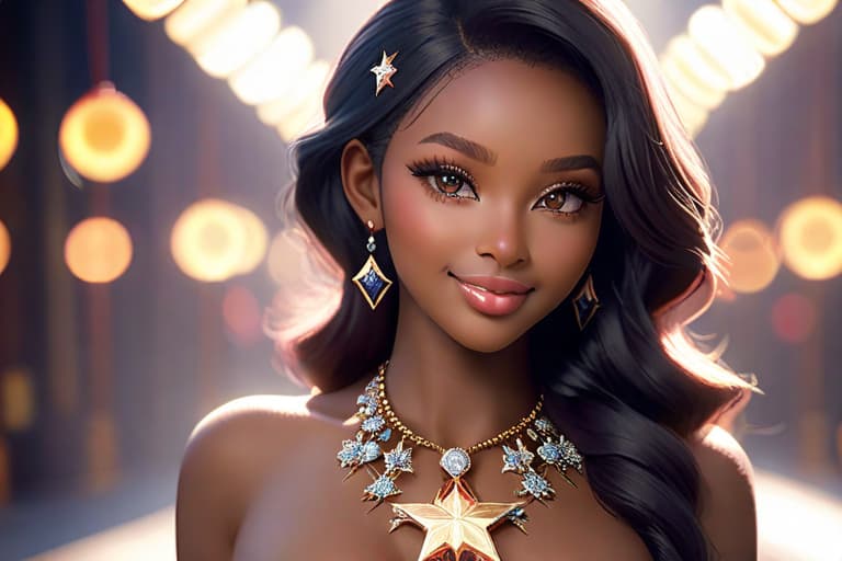  best quality, masterpiece, highres, 1girl,blush,(seductive smile:0.8),star shaped pupils,african ,hair ornament,necklace, jewelry,Beautiful face,upon body, tyndall effect,photorealistic, dark studio, rim lighting, two tone lighting,(high detailed skin:1.2), 8k uhd, dslr, soft lighting, high quality, volumetric lighting, candid, Photograph, high resolution, 4k, 8k, Bokeh hyperrealistic, full body, detailed clothing, highly detailed, cinematic lighting, stunningly beautiful, intricate, sharp focus, f/1. 8, 85mm, (centered image composition), (professionally color graded), ((bright soft diffused light)), volumetric fog, trending on instagram, trending on tumblr, HDR 4K, 8K