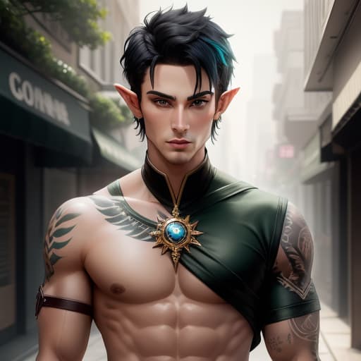  male, half-elf, short black hair, green eyes, tattoos, thin toned build, ranger, hyperrealistic, high quality, highly detailed, perfect lighting, intricate, sharp focus, f/1. 8, 85mm, (centered image composition), (professionally color graded), ((bright soft diffused light)), trending on instagram, HDR 4K, 8K